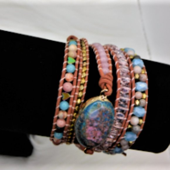 Unique Handmade Wrap Bracelet with , JasperTurquoise & Amazonite Natural Stones - Picture 6 of 10